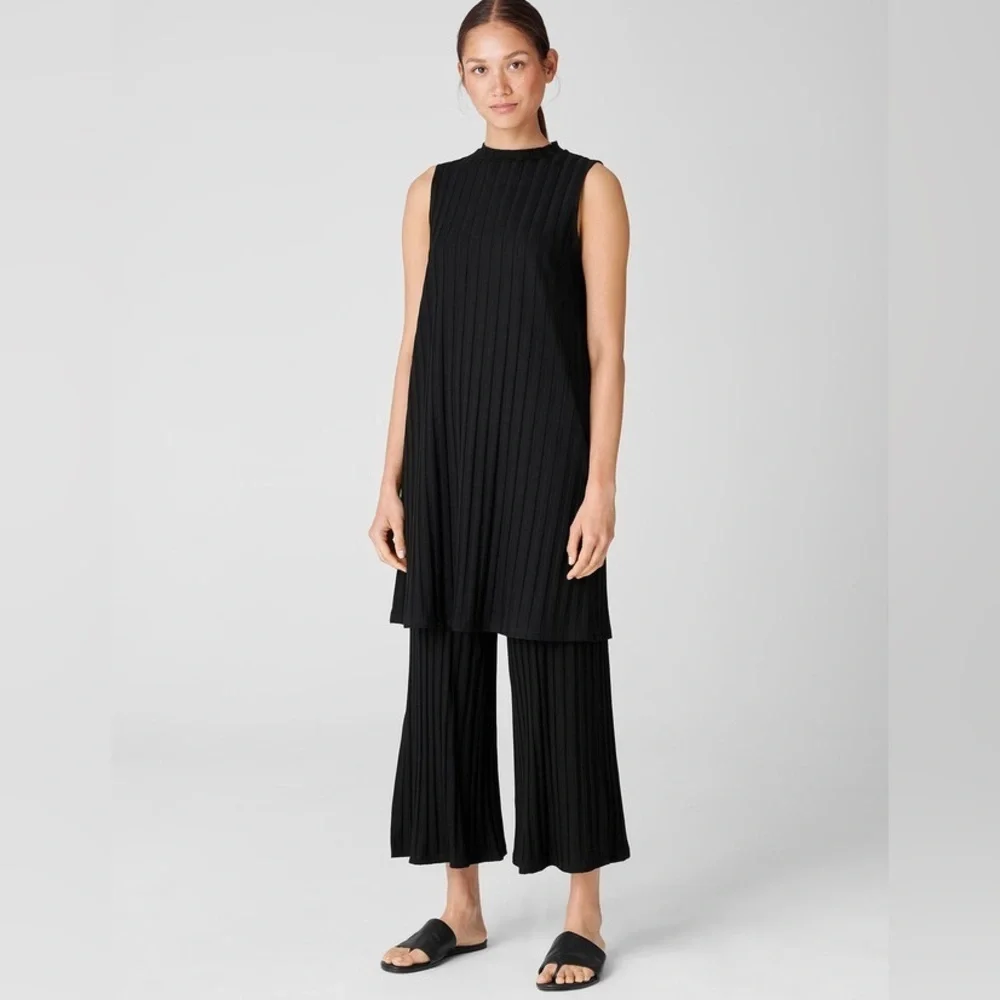 Eileen Fisher System Black Wide Rib Stretch Mock Neck Sleeveless Dress NWT Sz M